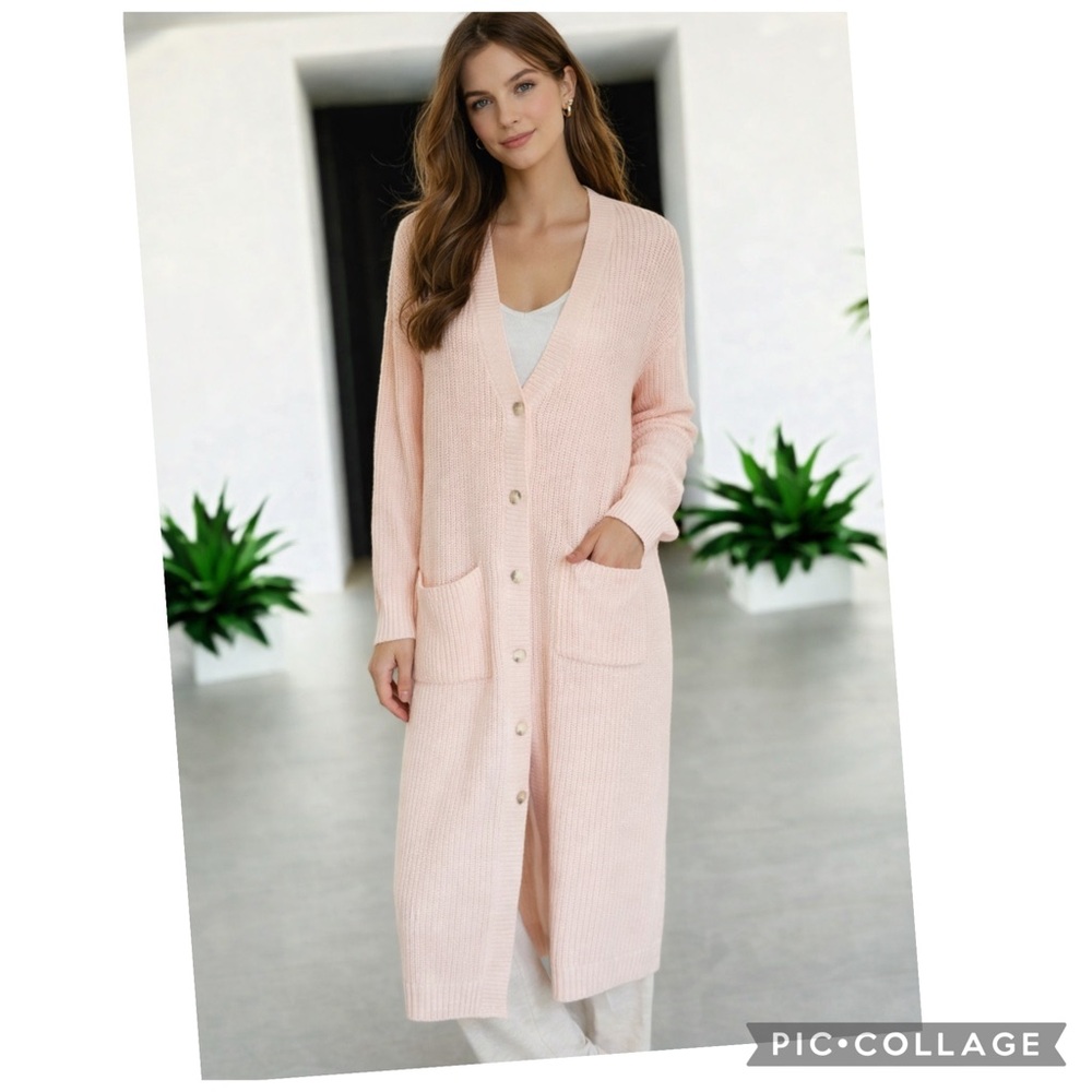 Dani Collection Pink Longline Duster Cardigan Wool Blend Button Front Large